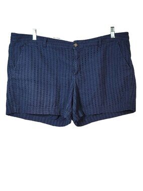 Merona Womens Eyelet Shorts Blue Navy SZ 18 Button Zip Pockets Cotton Flat Front